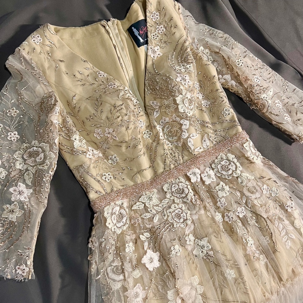 Mac Duggal champagne midi gown